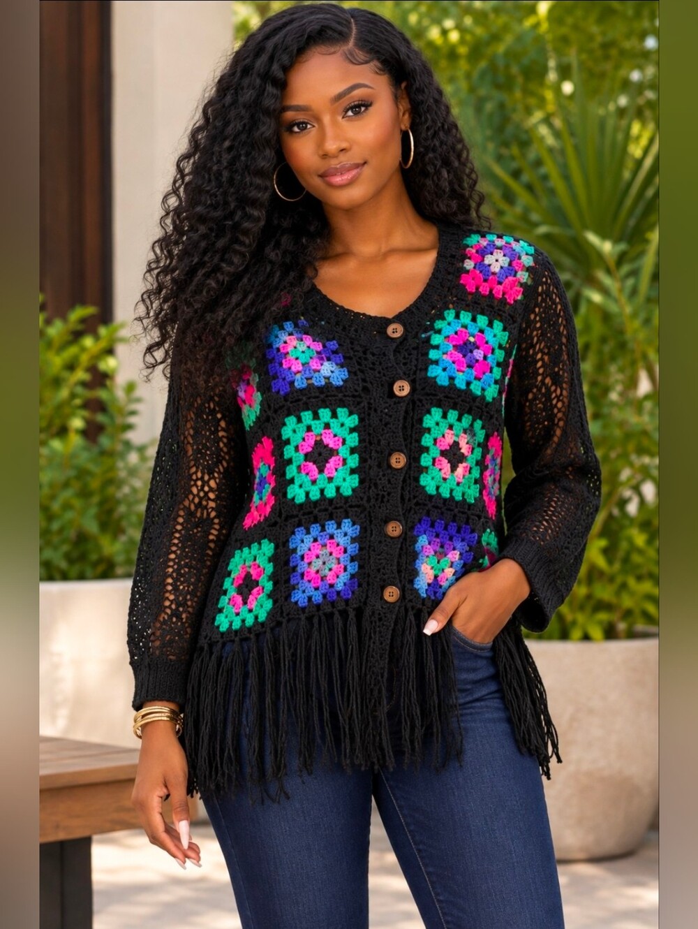 NEW!!! Umgee Granny Square Crochet Fringe Vest,Sz Small,NWT